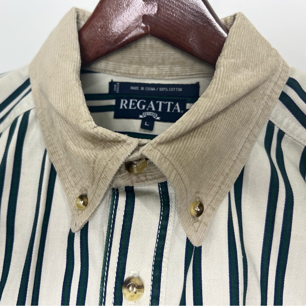 Vintage Regatta Striped Cotton Shirt L Corduroy Collar, Green/Navy On Cream